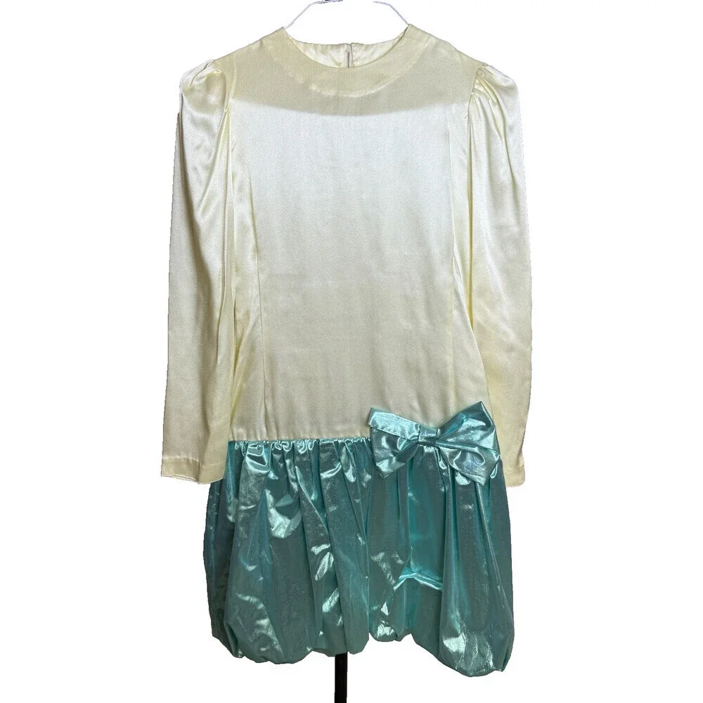 Vintage 1980s Handmade Girl's Party Dress, Blouson Waist, Bow, Bubble Skirt